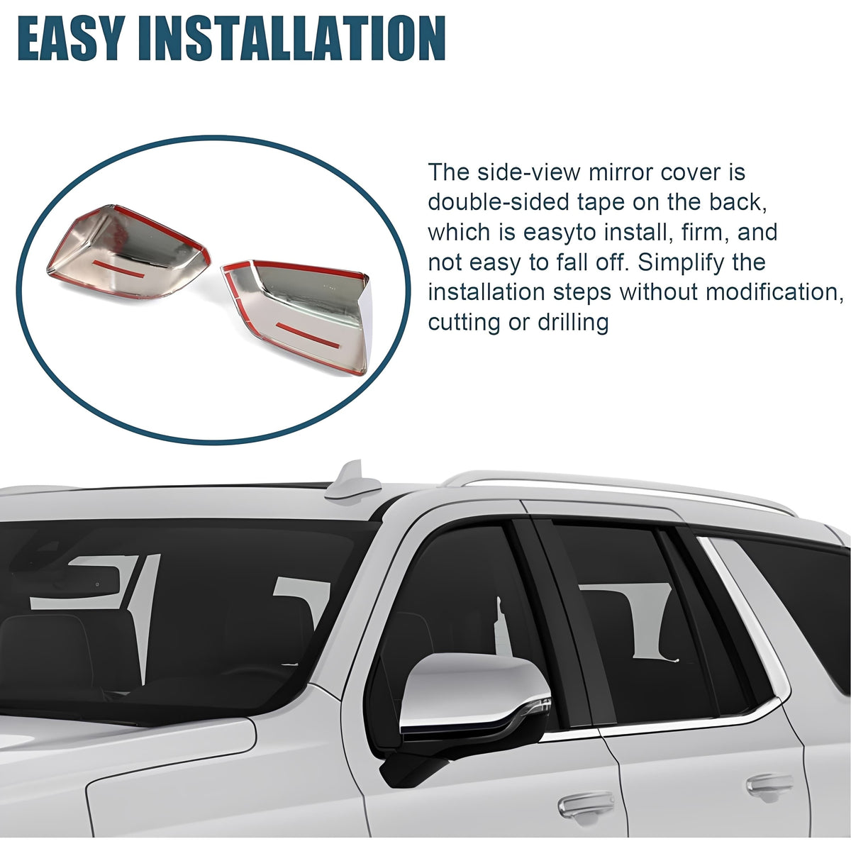 Chrome side mirror covers with double-sided tape installation on SUV door mirrors