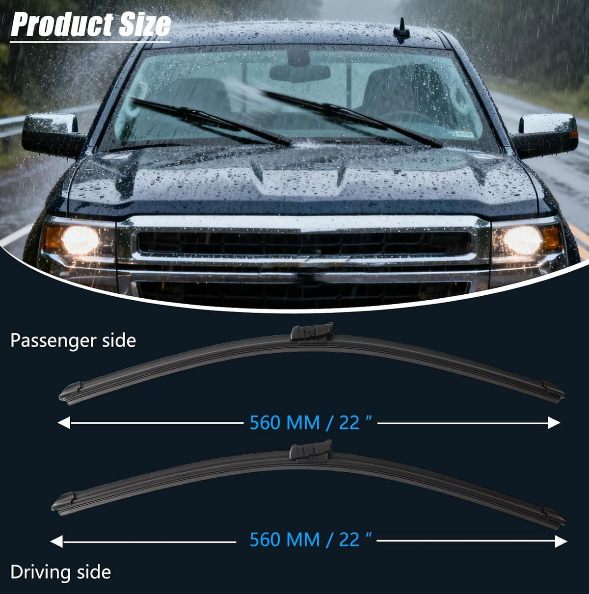 Windshield wiper blades, 22 in (560 mm) lengths for passenger and driving sides