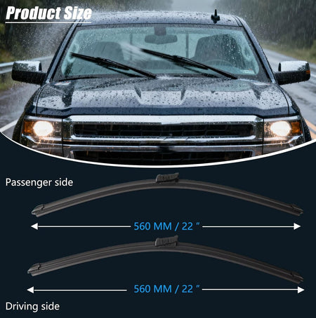 Windshield wiper blades, 22 in (560 mm) lengths for passenger and driving sides