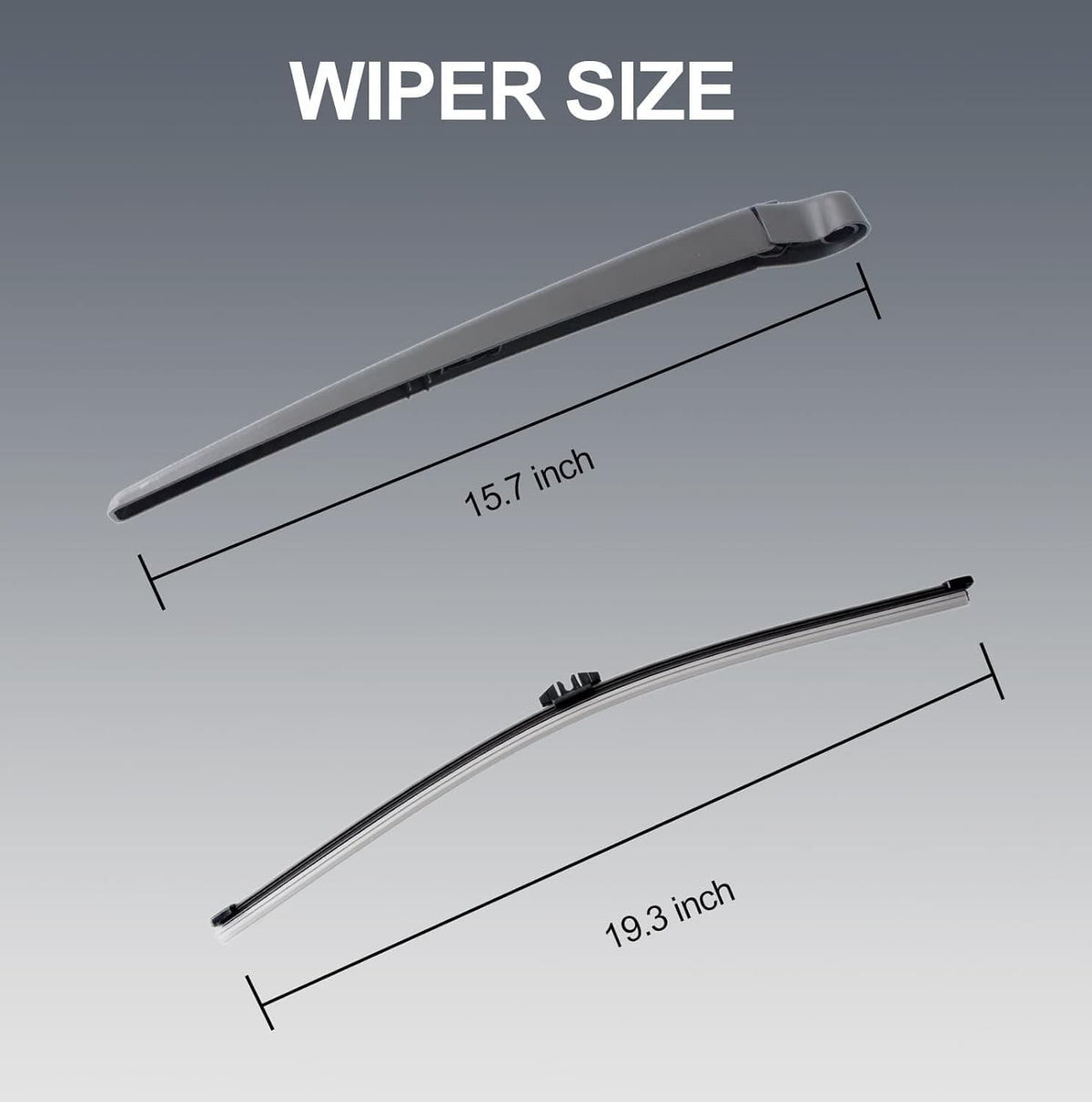 Pair of rear wiper blades with black rubber, 15.1 in and 19.3 in lengths
