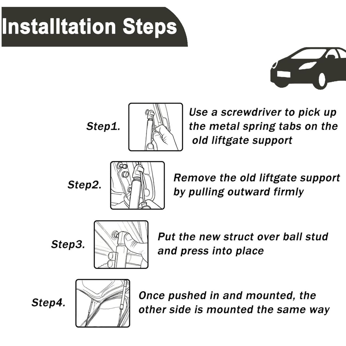 Trunk lift support installation steps diagram with two rods and mounting points.
