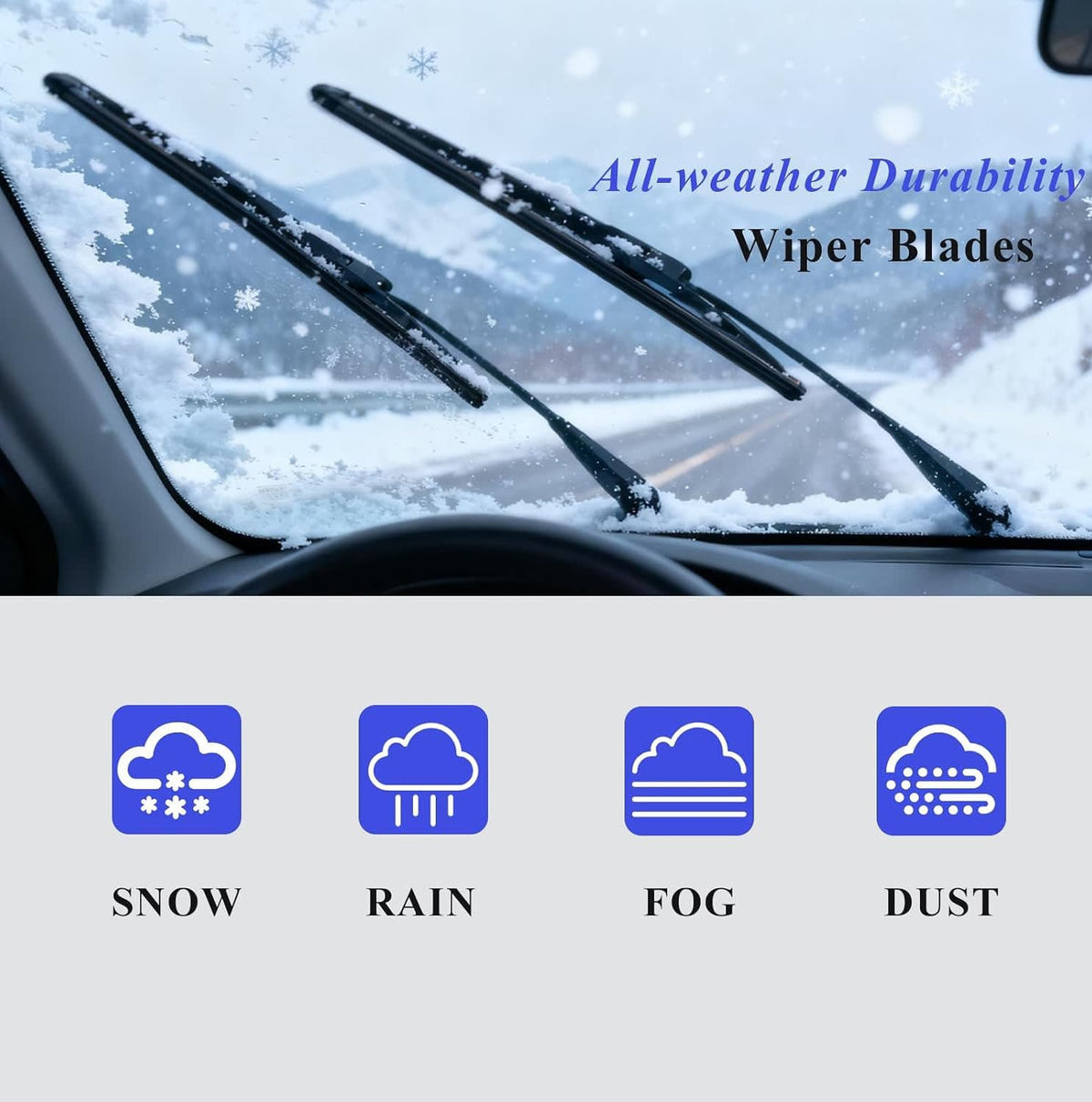 All-weather windshield wiper blades with black frames on a snow-dusted windshield