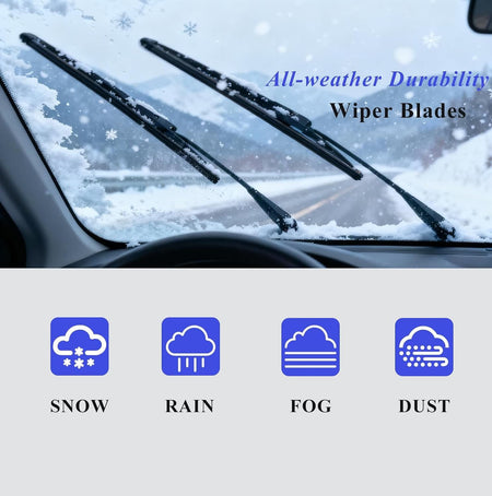 All-weather windshield wiper blades with black frames on a snow-dusted windshield