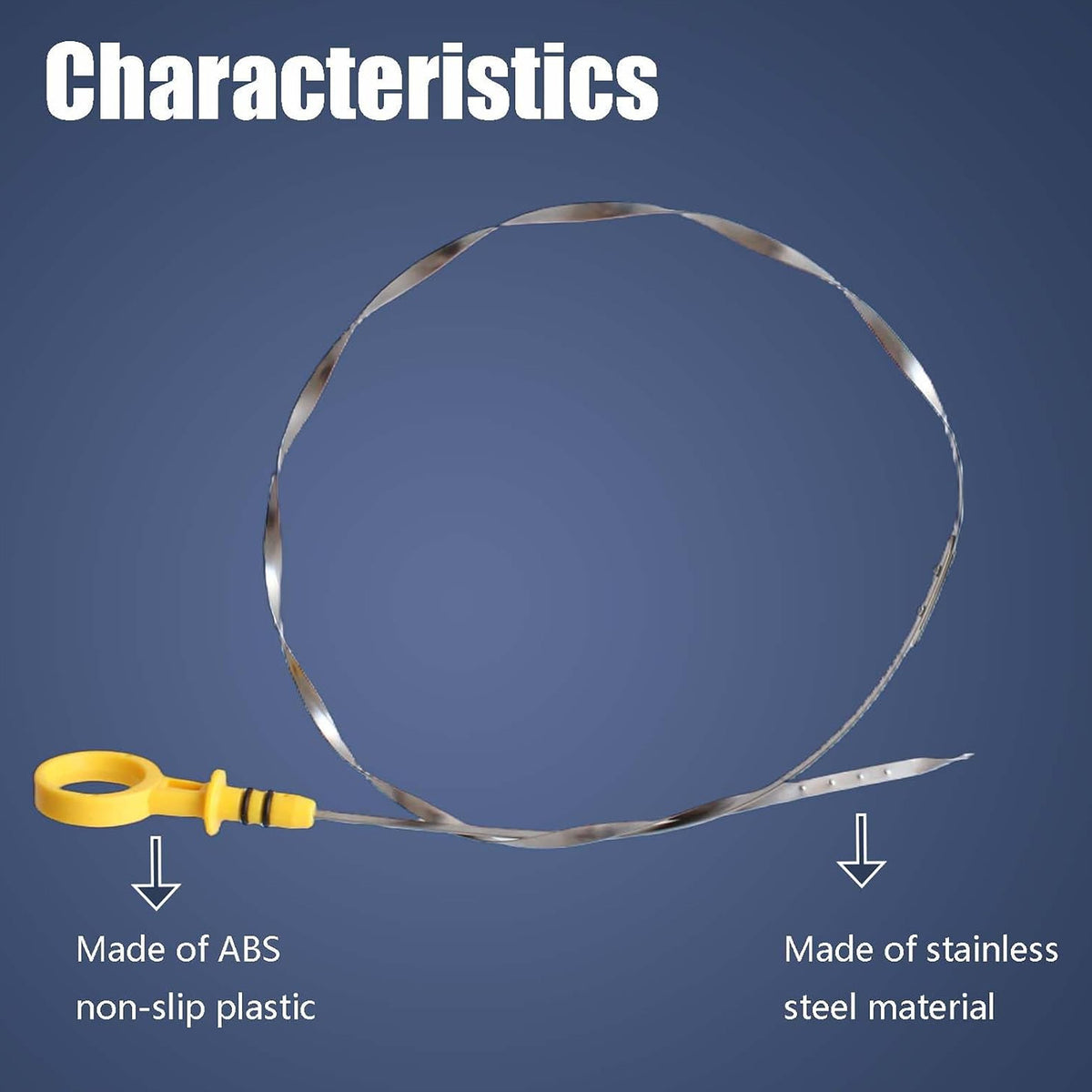 Engine oil dipstick with yellow handle, circular loop, and stainless steel cable