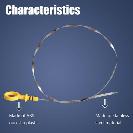 Engine oil dipstick with yellow handle, circular loop, and stainless steel cable