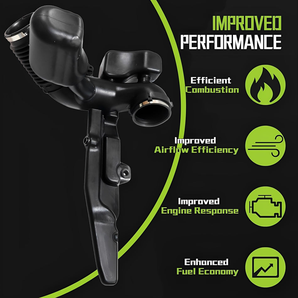 Black air intake hose with ribbed flex section and threaded clamp outlet