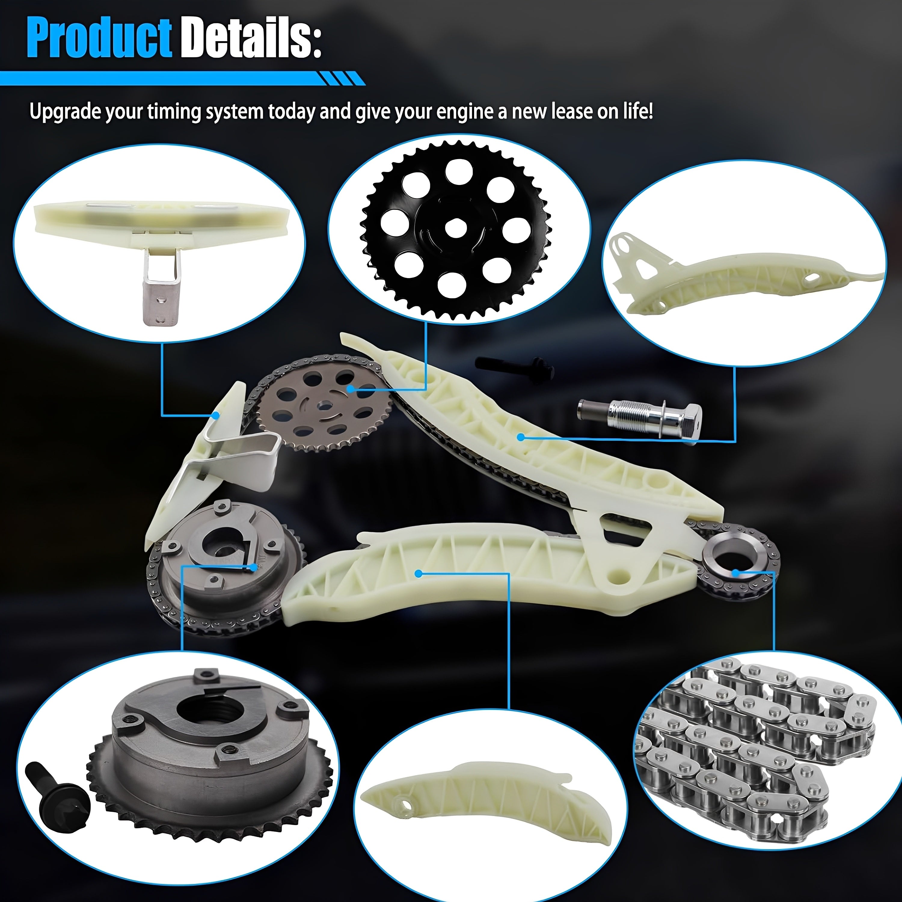 Timing chain kit components display: sprockets, chain guide, tensioner, and mounting hardware