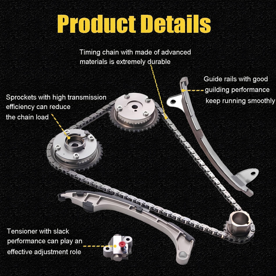 Timing chain kit components: sprockets, guide rails, chain links, and tensioner
