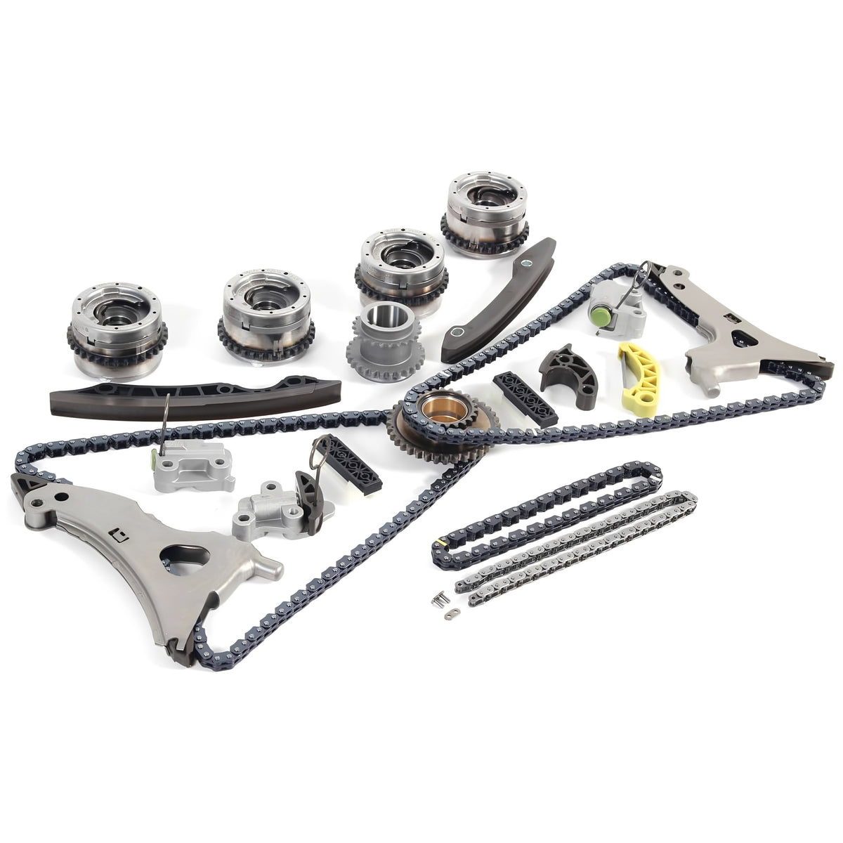 Timing chain kit with sprockets, chain rails, duplex timing chains, guides