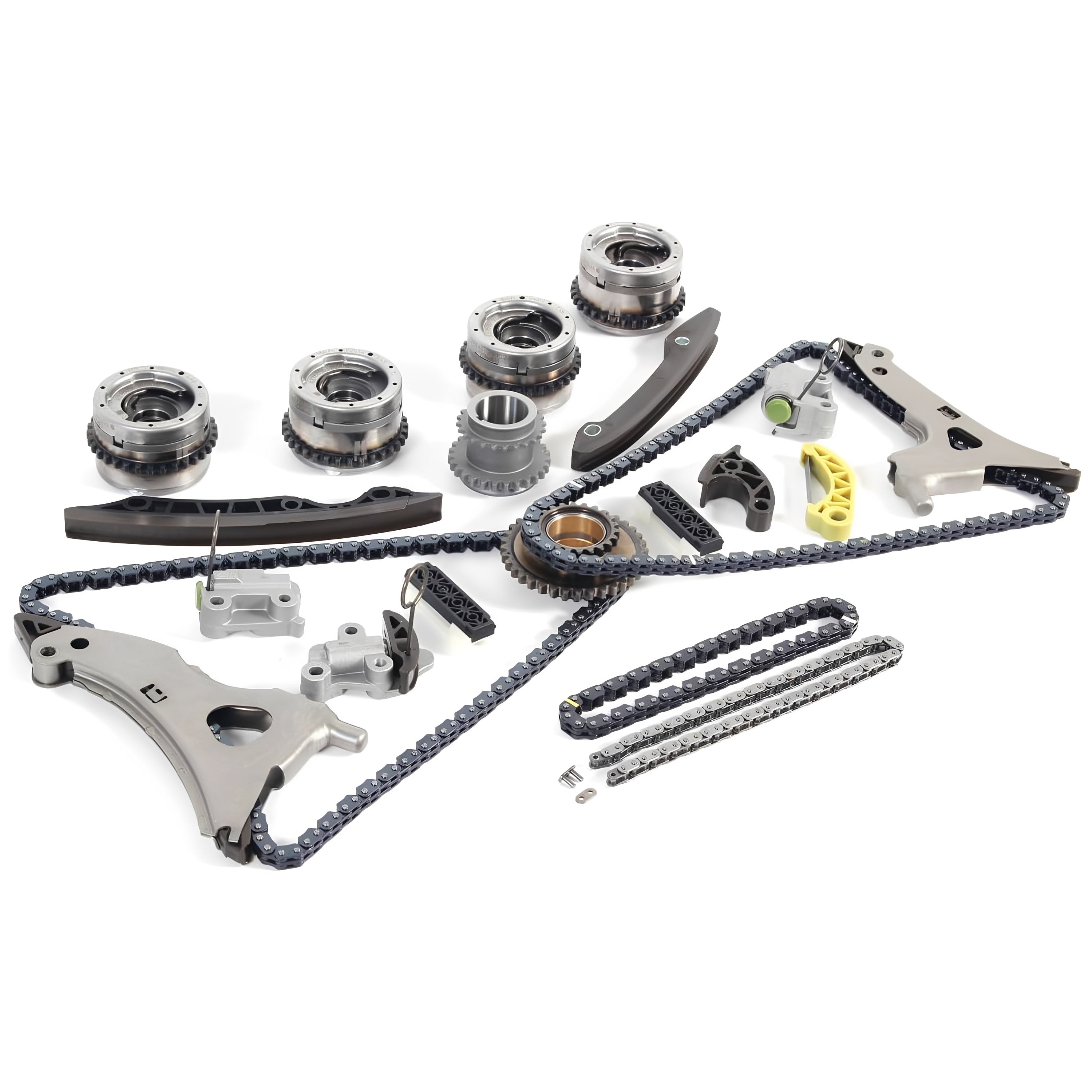 Timing chain kit with sprockets, chain rails, duplex timing chains, guides