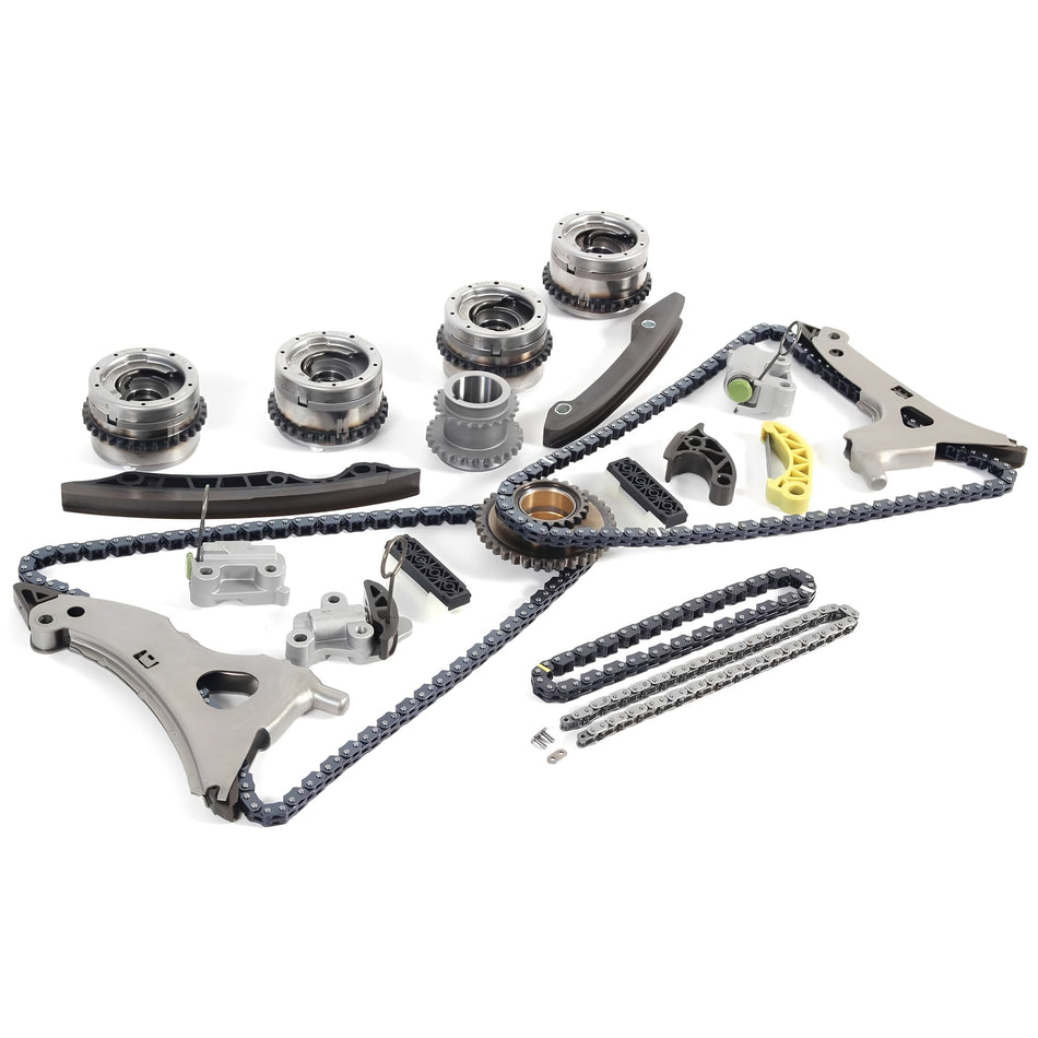Timing chain kit with sprockets, chain rails, duplex timing chains, guides