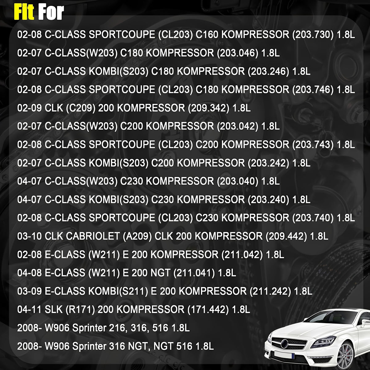Timing chain kit fitment list graphic with car icon and engine parts illustration