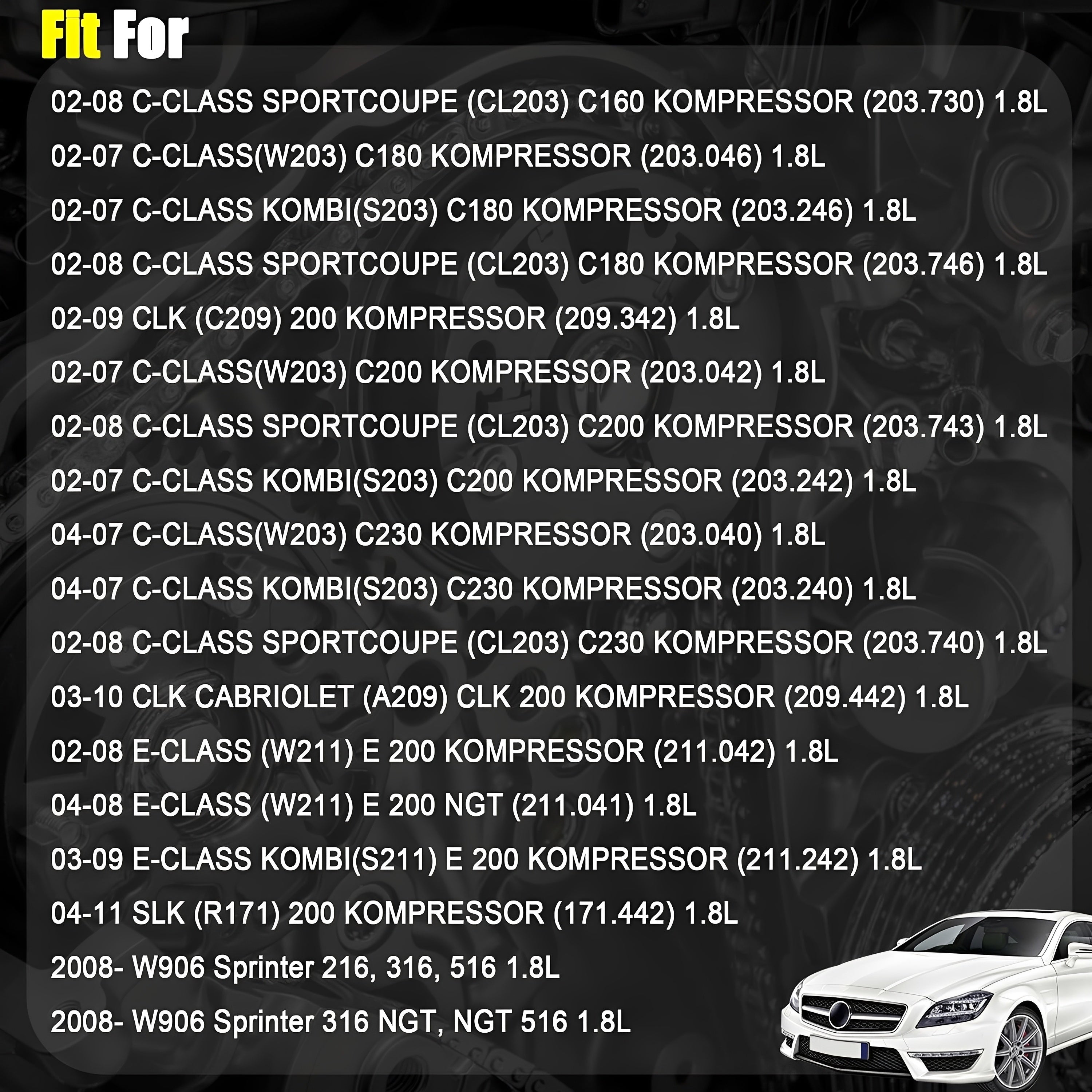 Timing chain kit fitment list graphic with car icon and engine parts illustration
