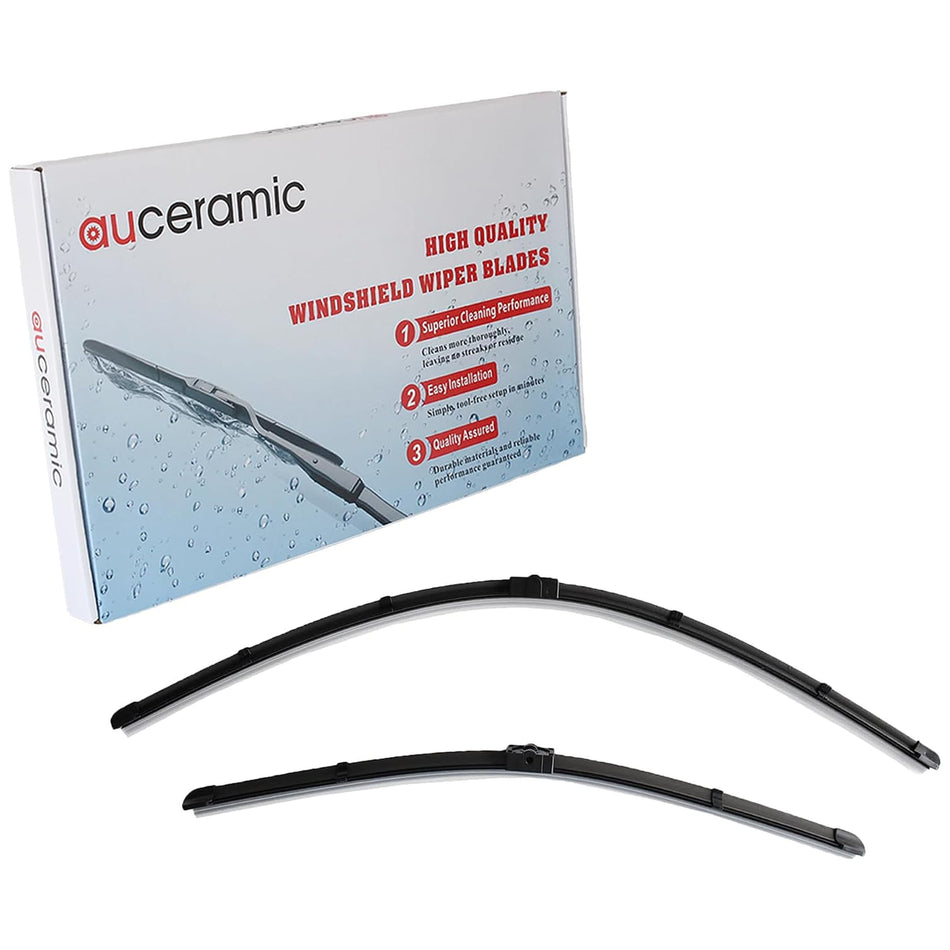 Pair of black windshield wiper blades with retail product box