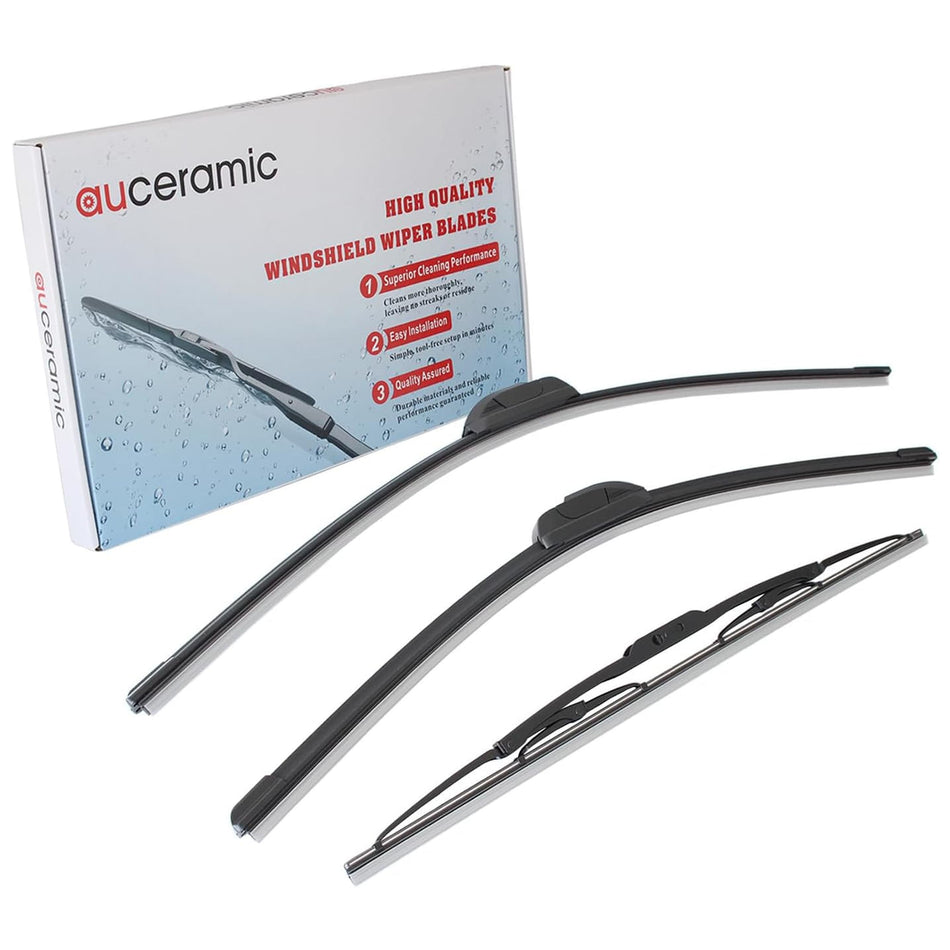 Wiper blade set with black rubber blades and retail box packaging