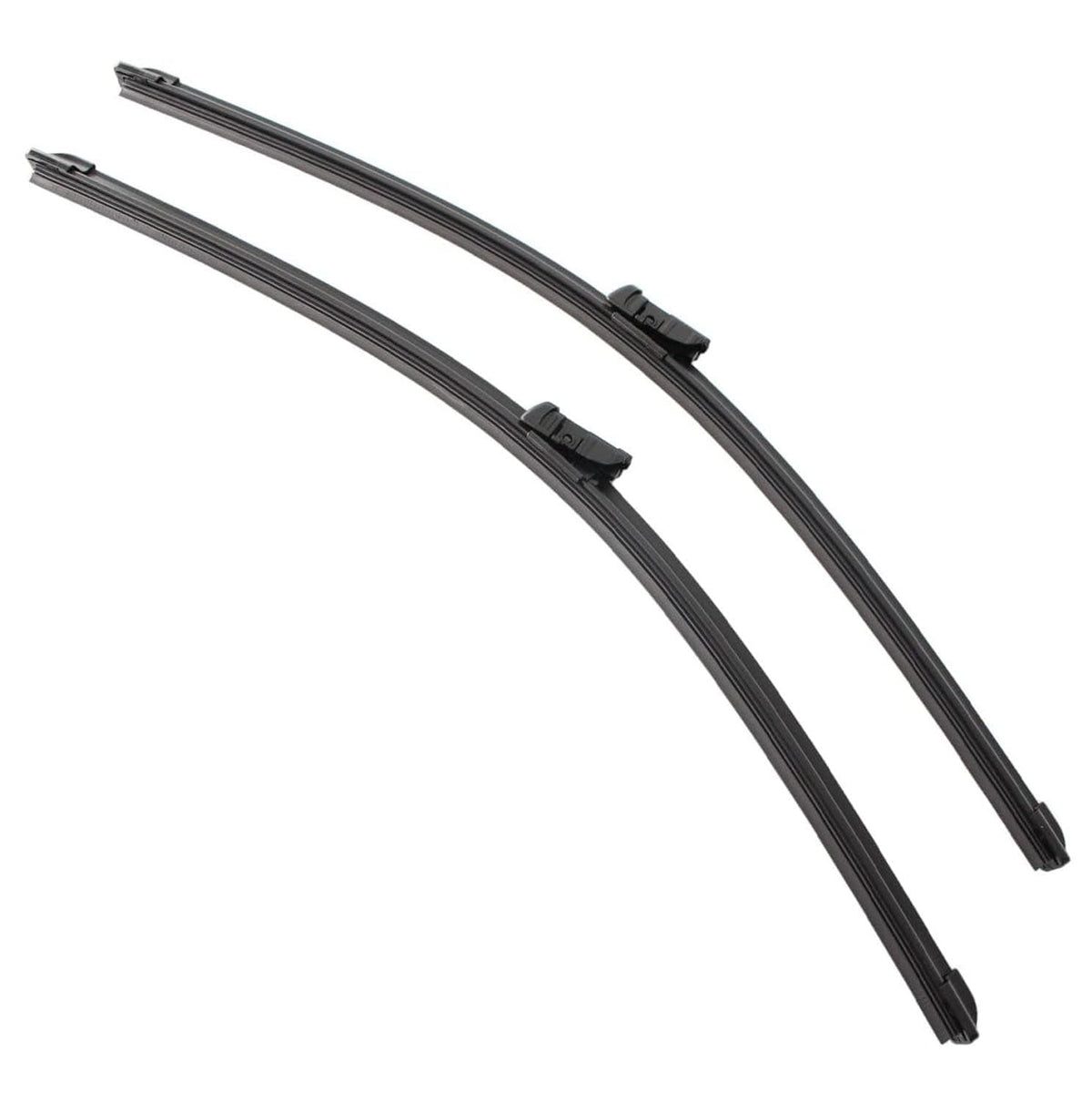 Pair of black windshield wiper blades with secure top-lock attachments
