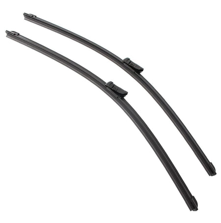 Pair of black windshield wiper blades with secure top-lock attachments