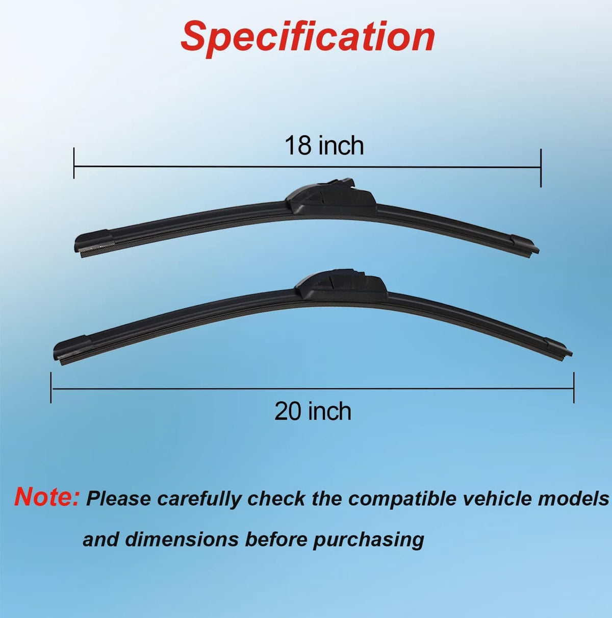 Black wiper blades sized 18 in and 20 in, shown side by side