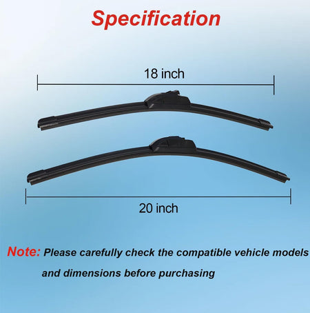 Black wiper blades sized 18 in and 20 in, shown side by side