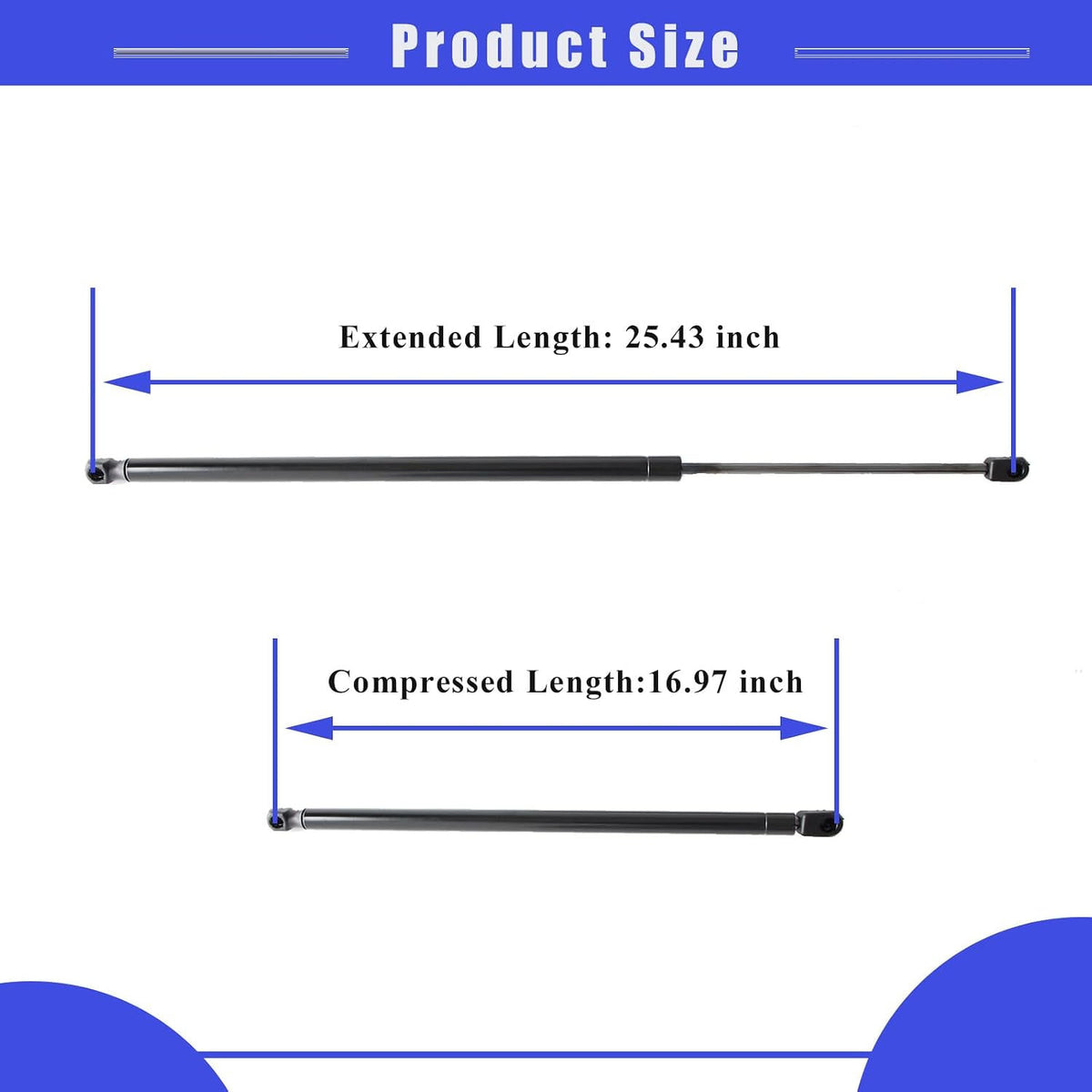 Hood lift support size diagram with extended and compressed length measurements