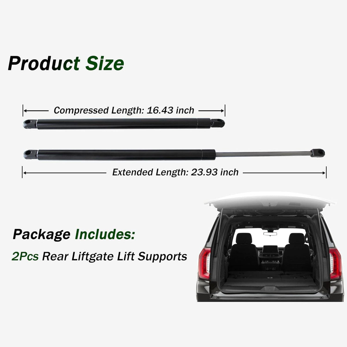 Liftgate lift support size diagram with compressed and extended length indicators