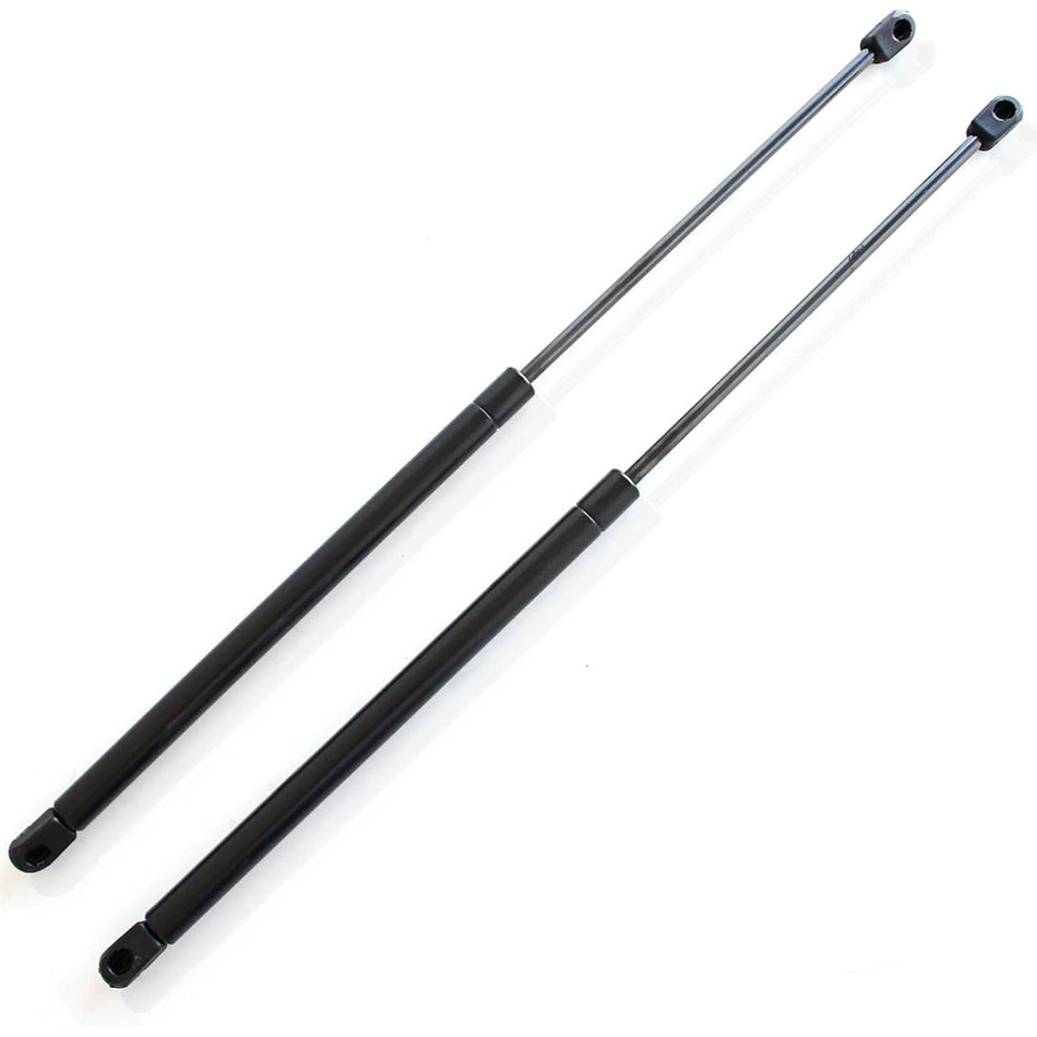 Two hood lift support struts with black cylinders and metal ball-end mounts