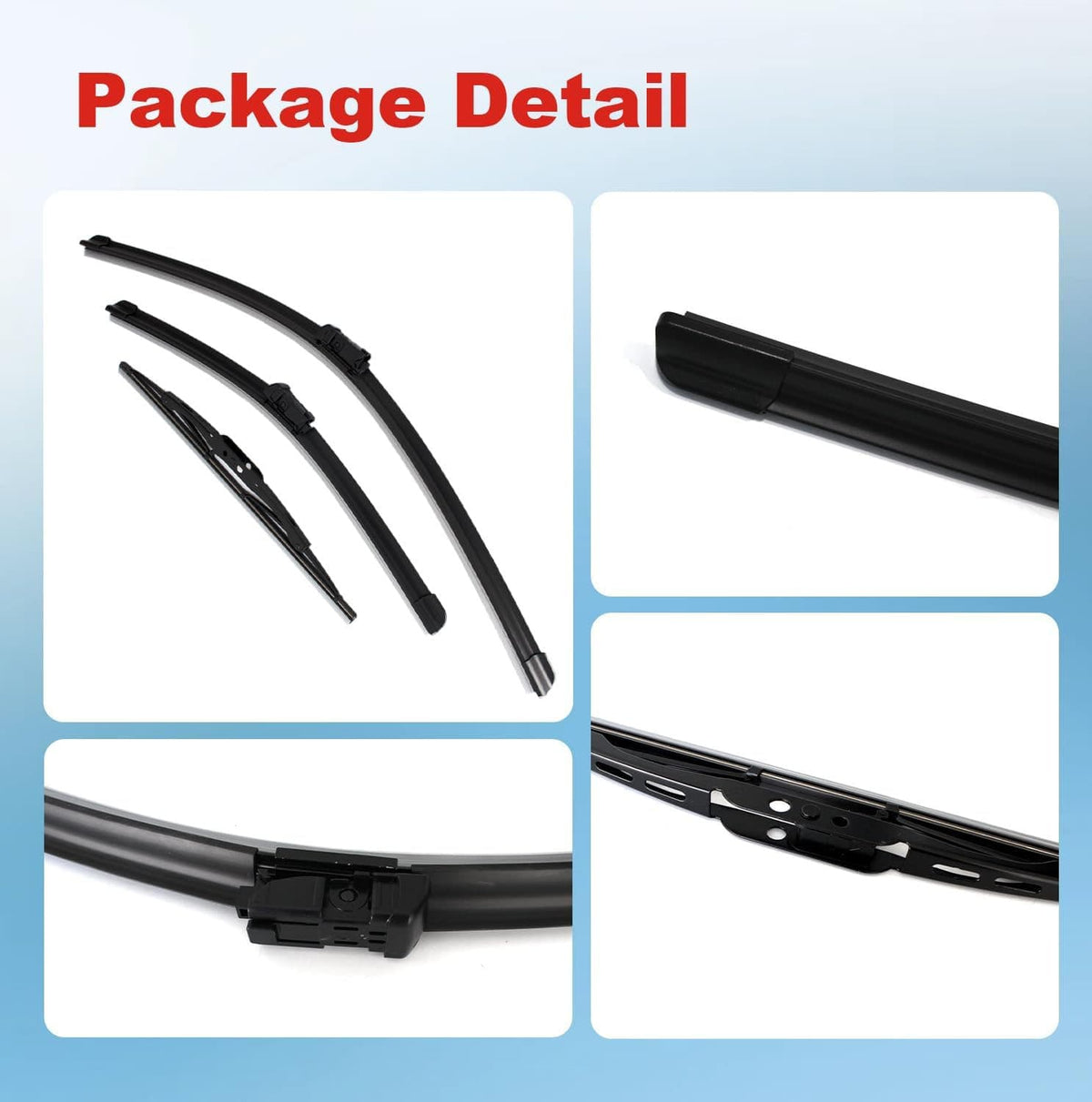 Black wiper blade set package detail with mounting hardware components