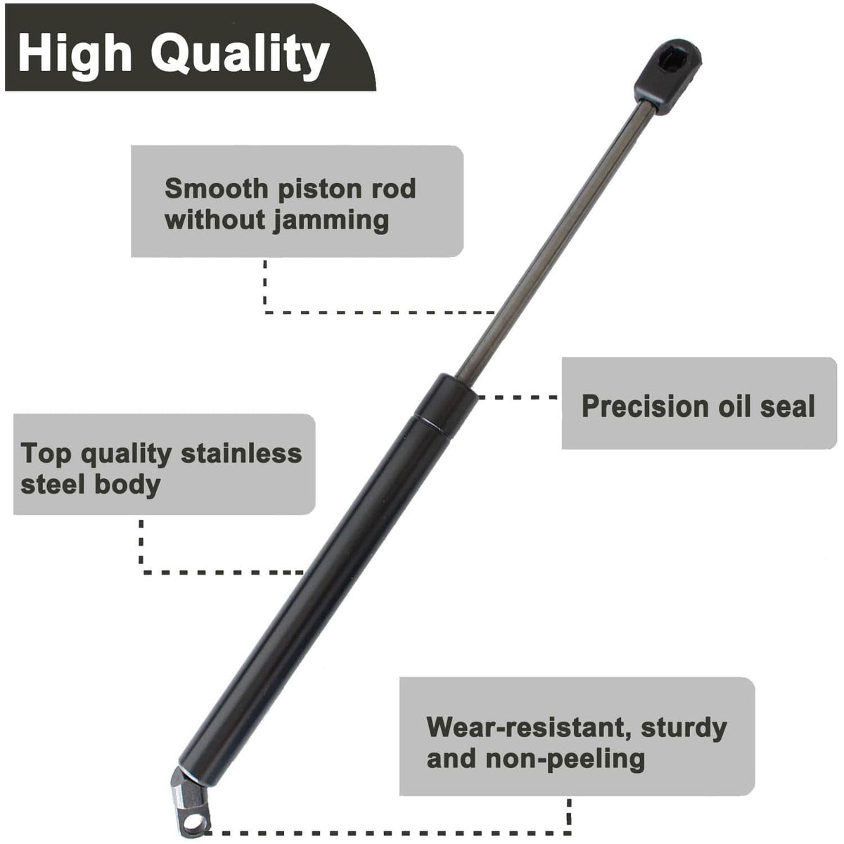 Trunk lift support with stainless body and black cylinder, angled close-up view.
