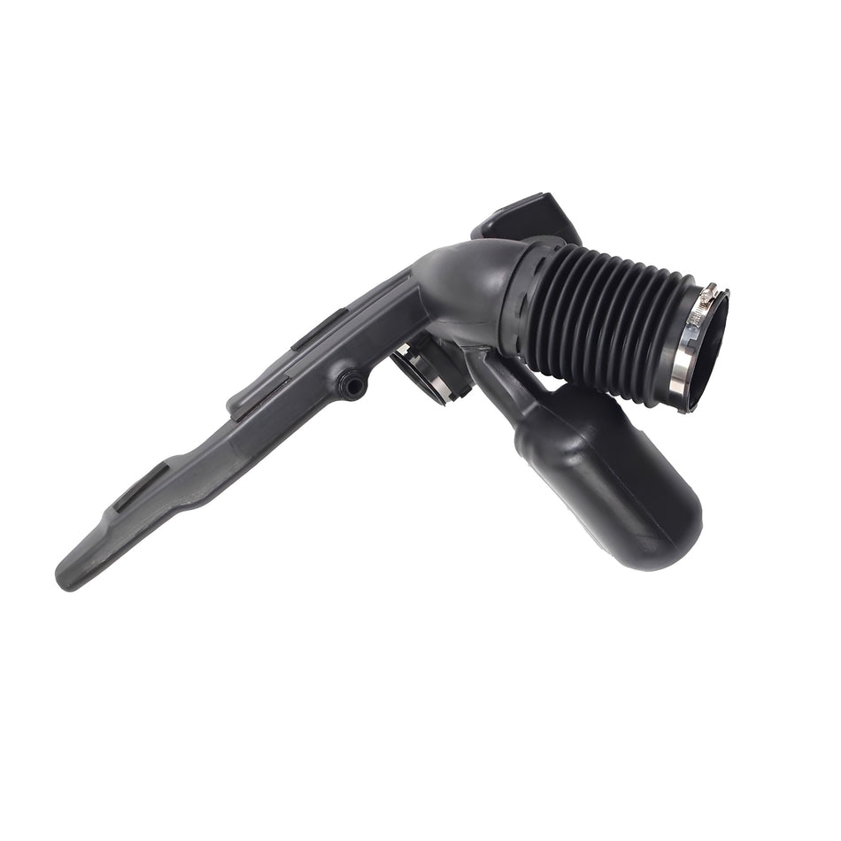 Black air intake hose assembly with ribbed intake tube and metal clamp fitting
