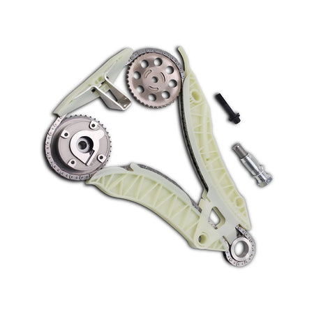 Timing chain kit with chain guide rails, camshaft adjuster, sprockets, and tensioner
