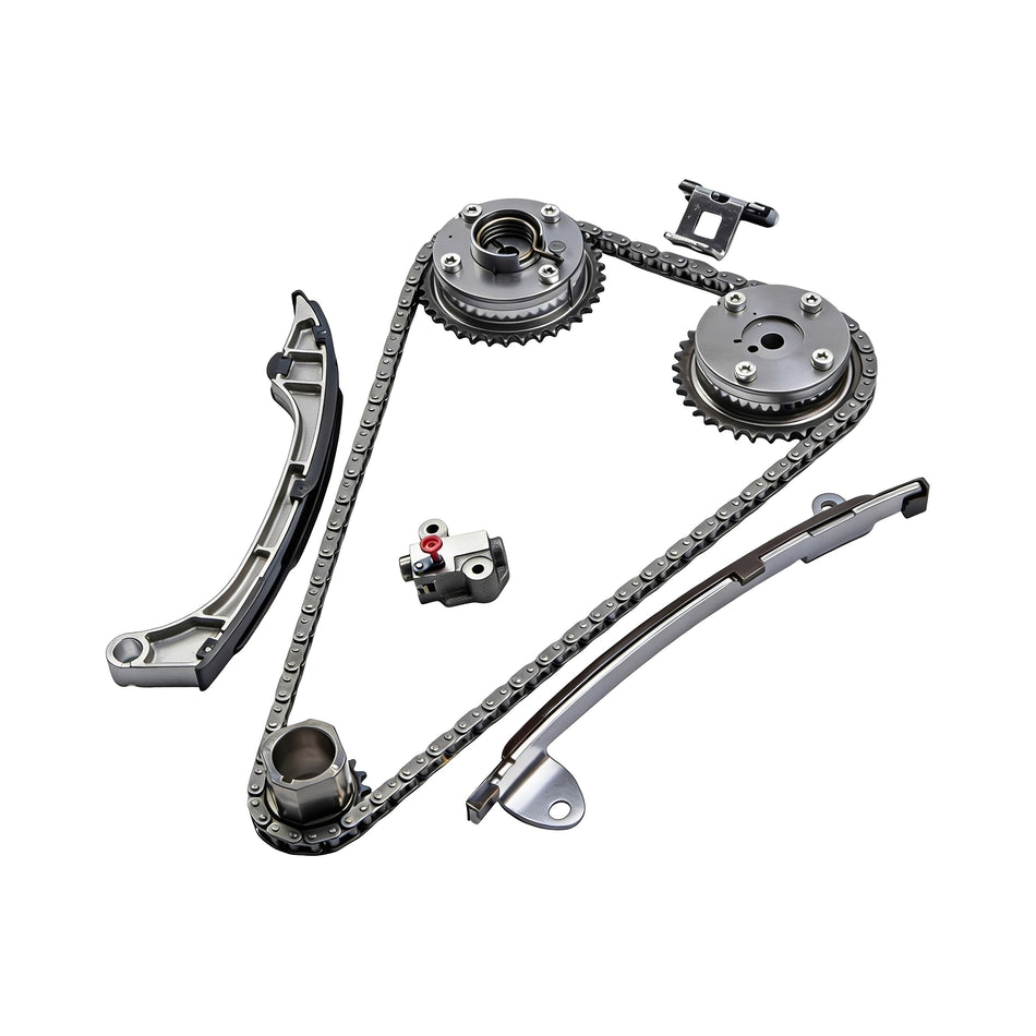 Timing chain kit with sprockets, guide rails, tensioner, and connecting timing chain