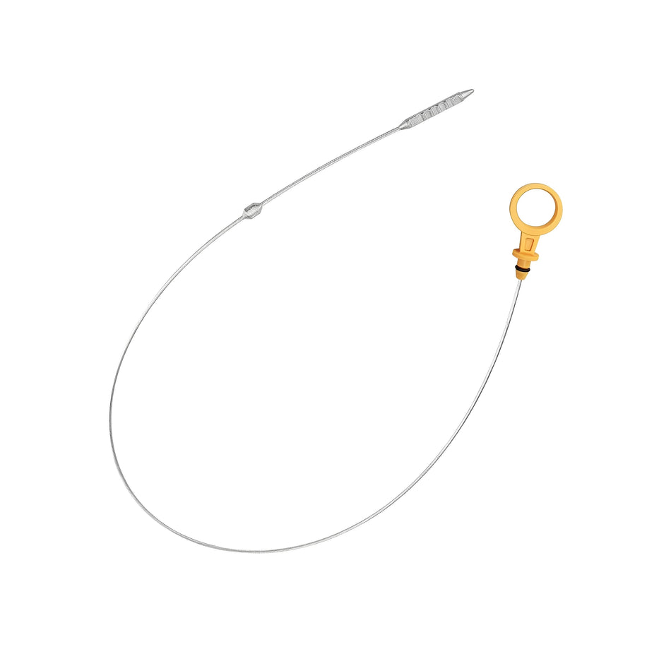 Engine oil dipstick with yellow loop handle and long metal probe