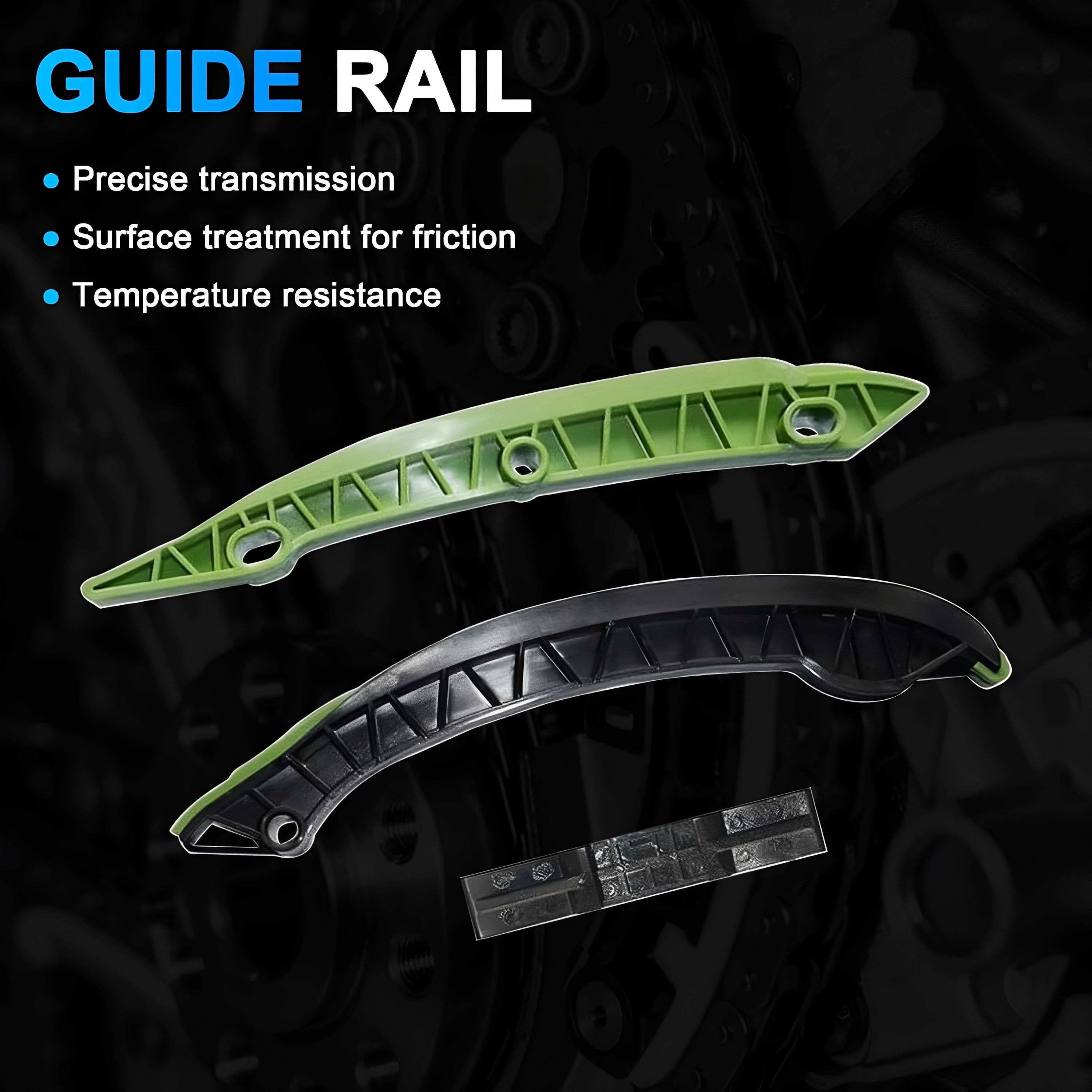 Timing chain kit guides: green guide rail and black timing chain guide piece