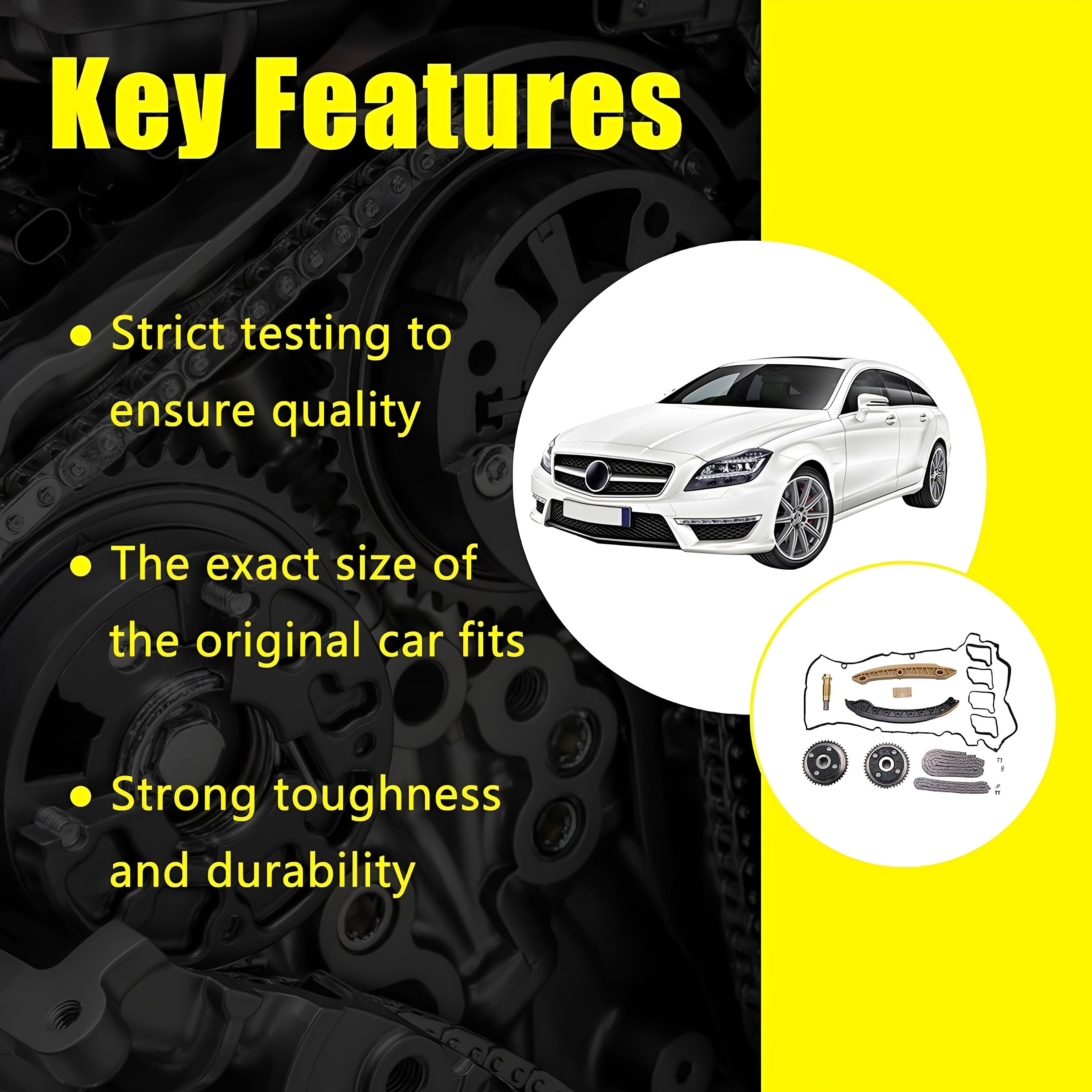 Timing chain kit key features graphic with car silhouette and gear component icons