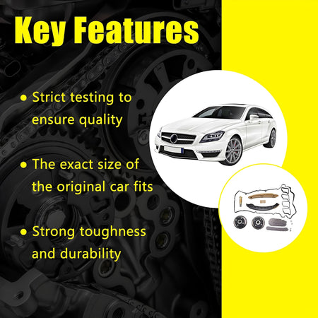 Timing chain kit key features graphic with car silhouette and gear component icons