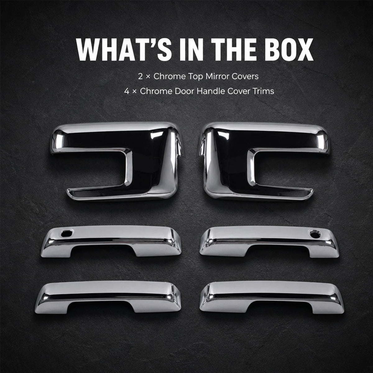 Chrome top mirror covers and chrome door handle cover trims in set