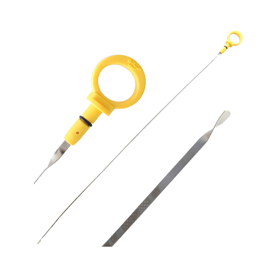Yellow engine oil dipstick with loop handle and metal probe, for Jeep applications