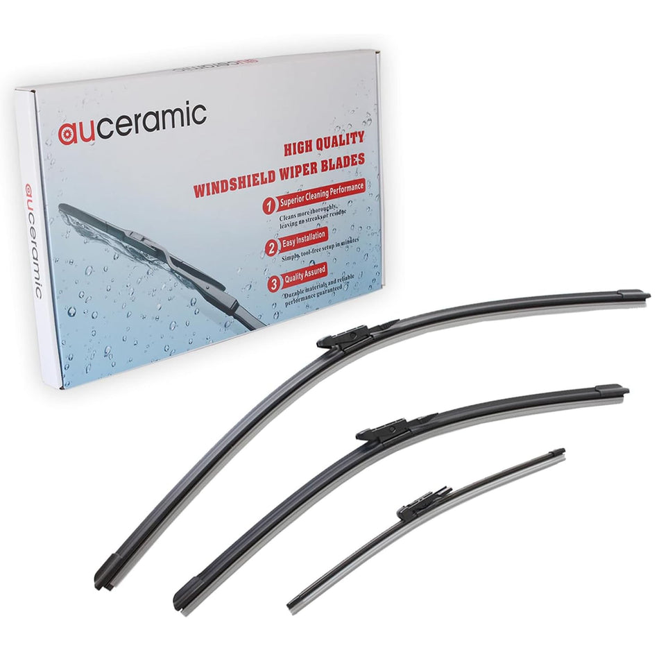 auceramic box with three black windshield wiper blades and push-button connectors