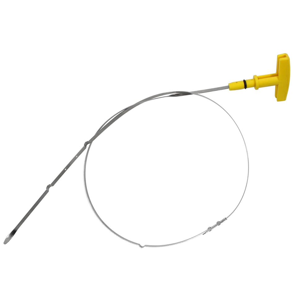 Engine oil dipstick with yellow handle, long clear cable loop, and metal probe