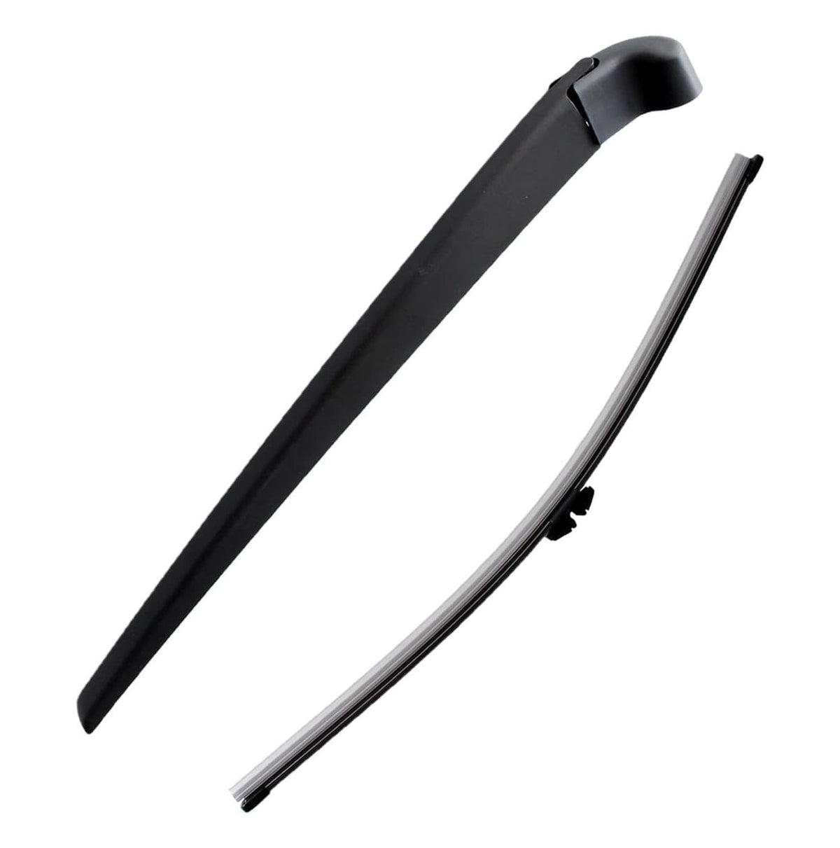 Black rear wiper arm blade and metal rail kit, shown separately on white background