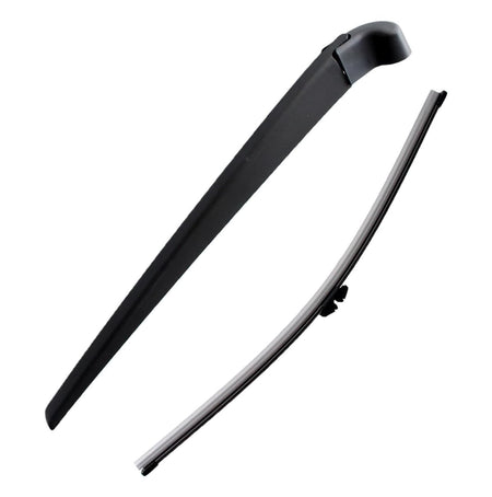 Black rear wiper arm blade and metal rail kit, shown separately on white background
