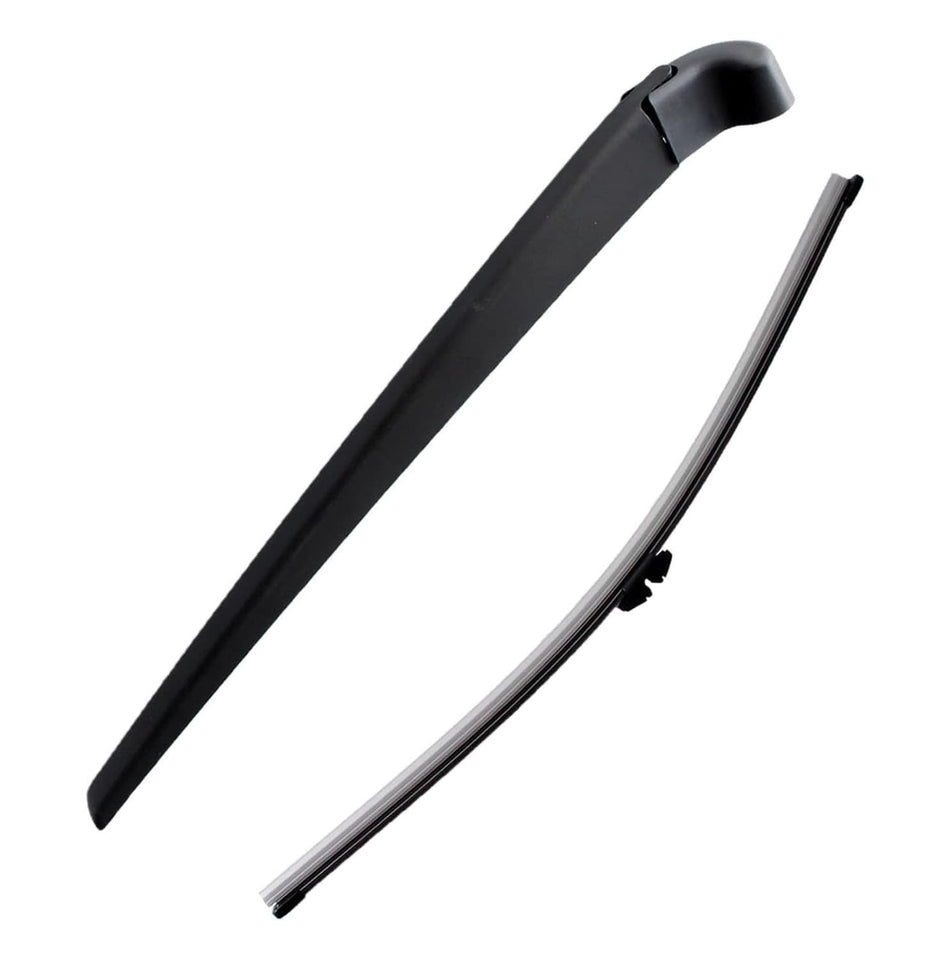 Black rear wiper arm blade and metal rail kit, shown separately on white background