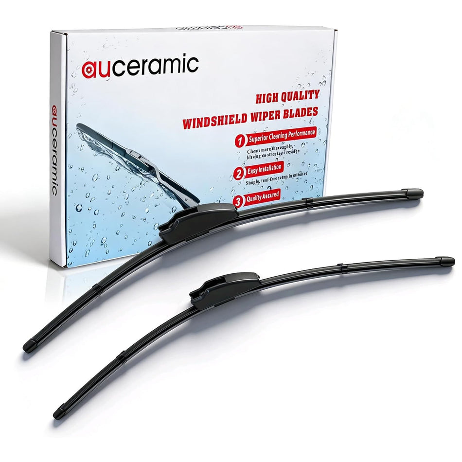 Two black windshield wiper blades shown with a retail box package