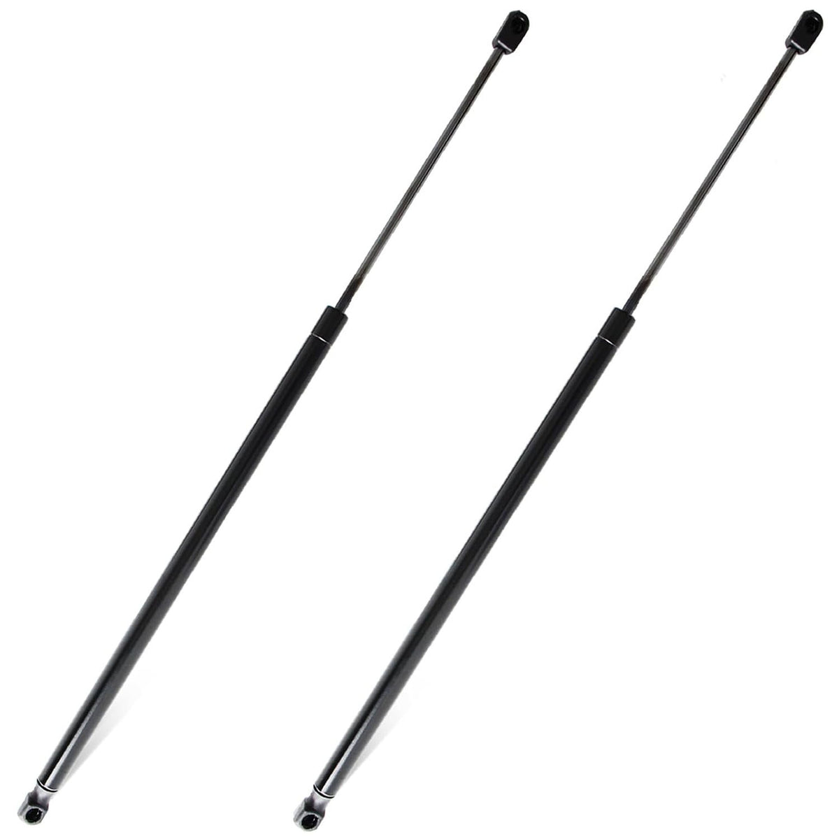 Two black hood lift support rods with end caps, front-facing view