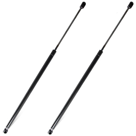 Two black hood lift support rods with end caps, front-facing view