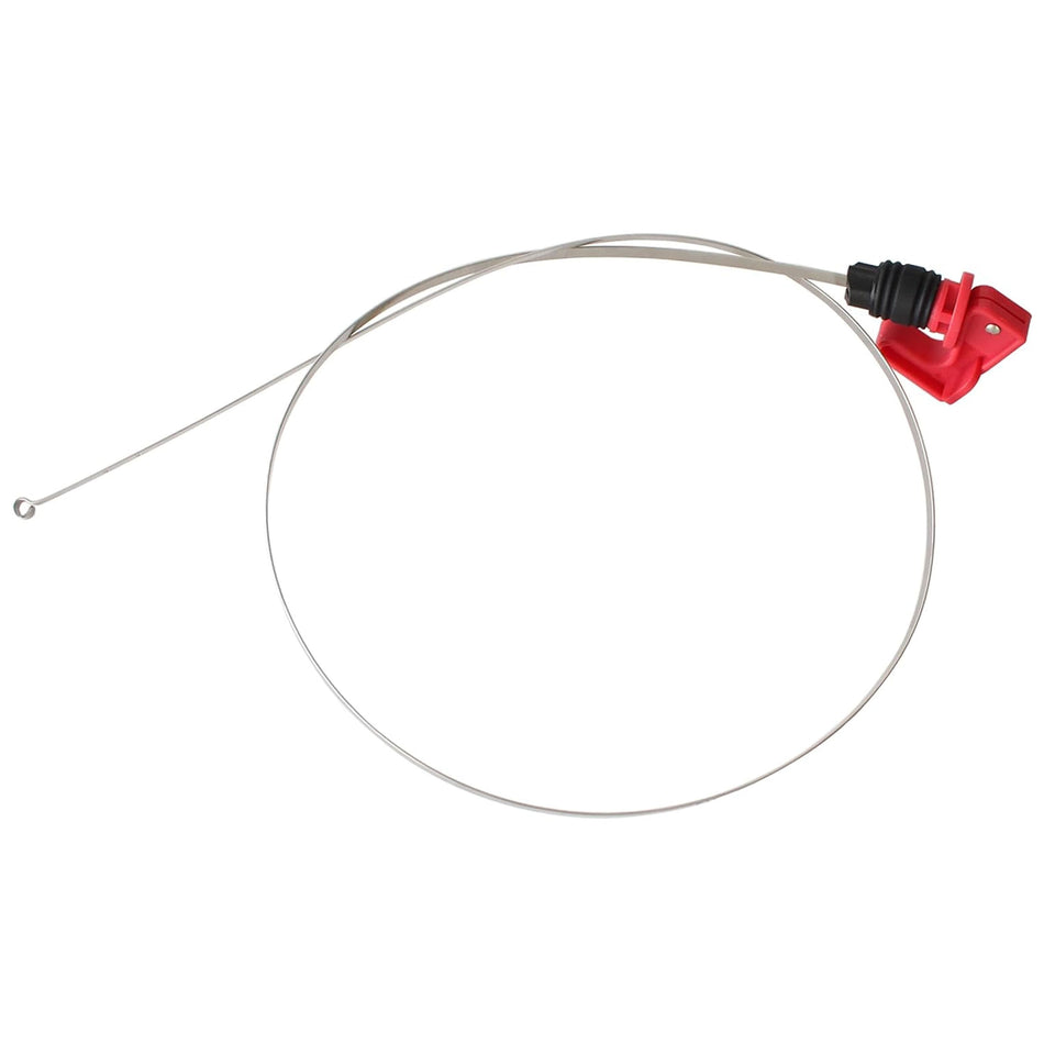 Transmission fluid dipstick with red handle, long probe cable, and coiled loop
