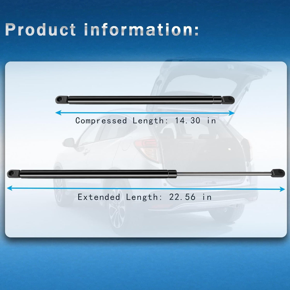 Two black lift struts with labeled compressed and extended length