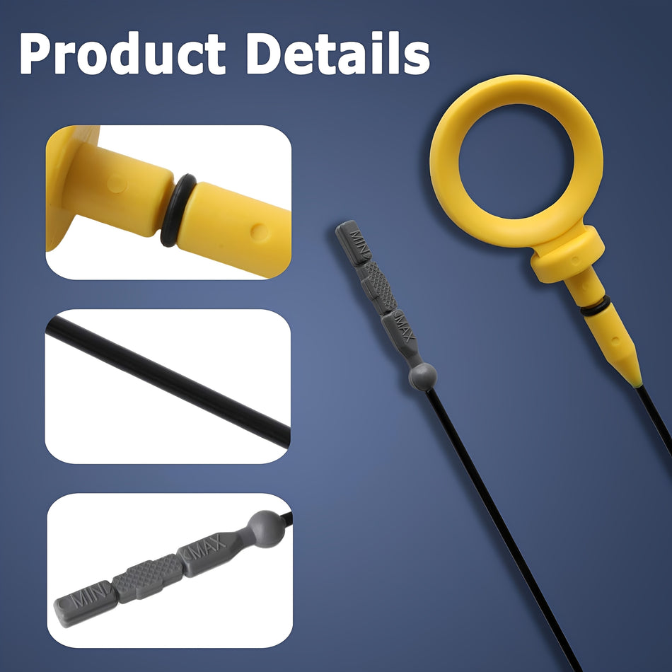 Engine oil dipstick with yellow loop handle and close-up detail views