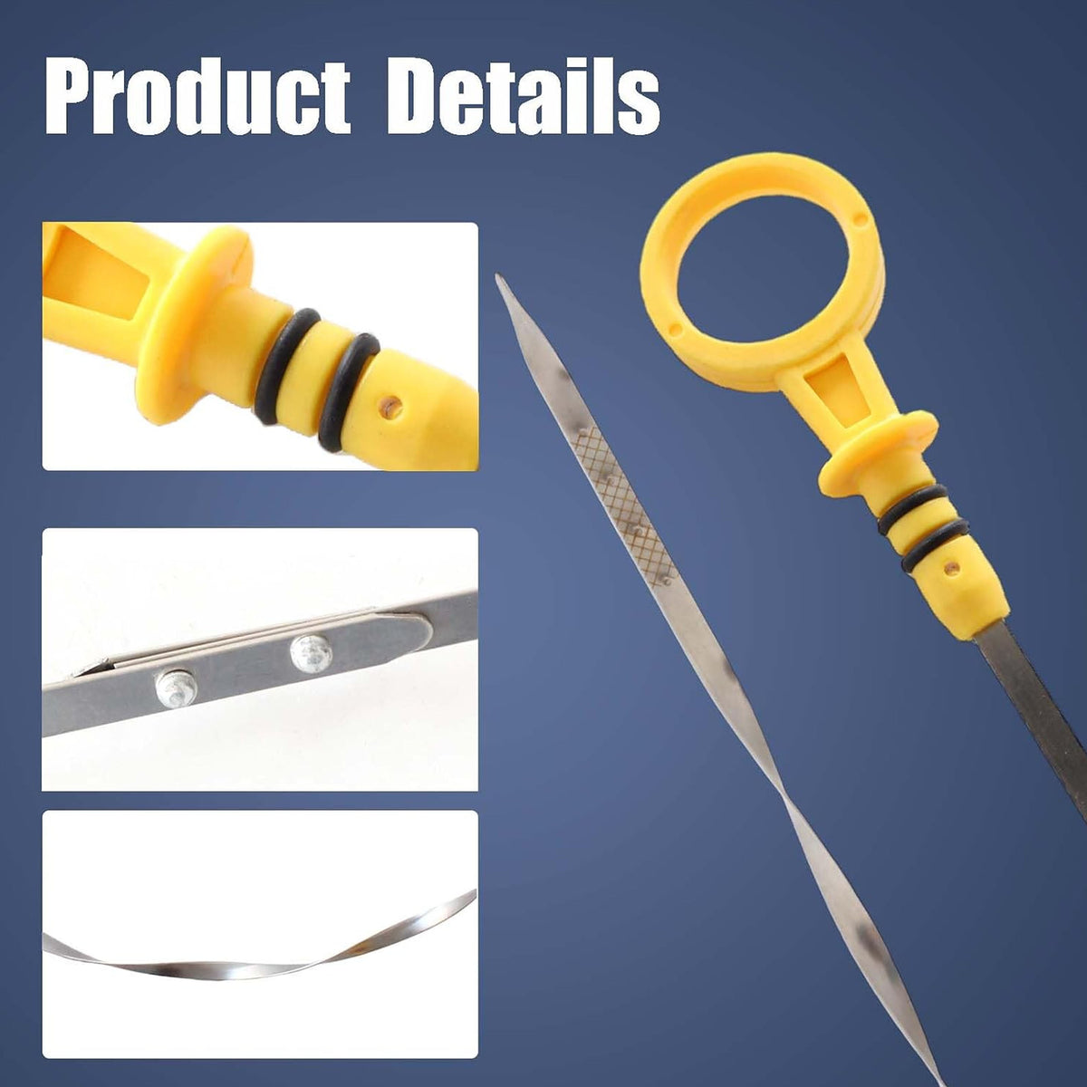 Engine oil dipstick with yellow handle, black seal, and stainless steel probe
