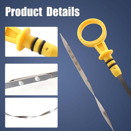 Engine oil dipstick with yellow handle, black seal, and stainless steel probe